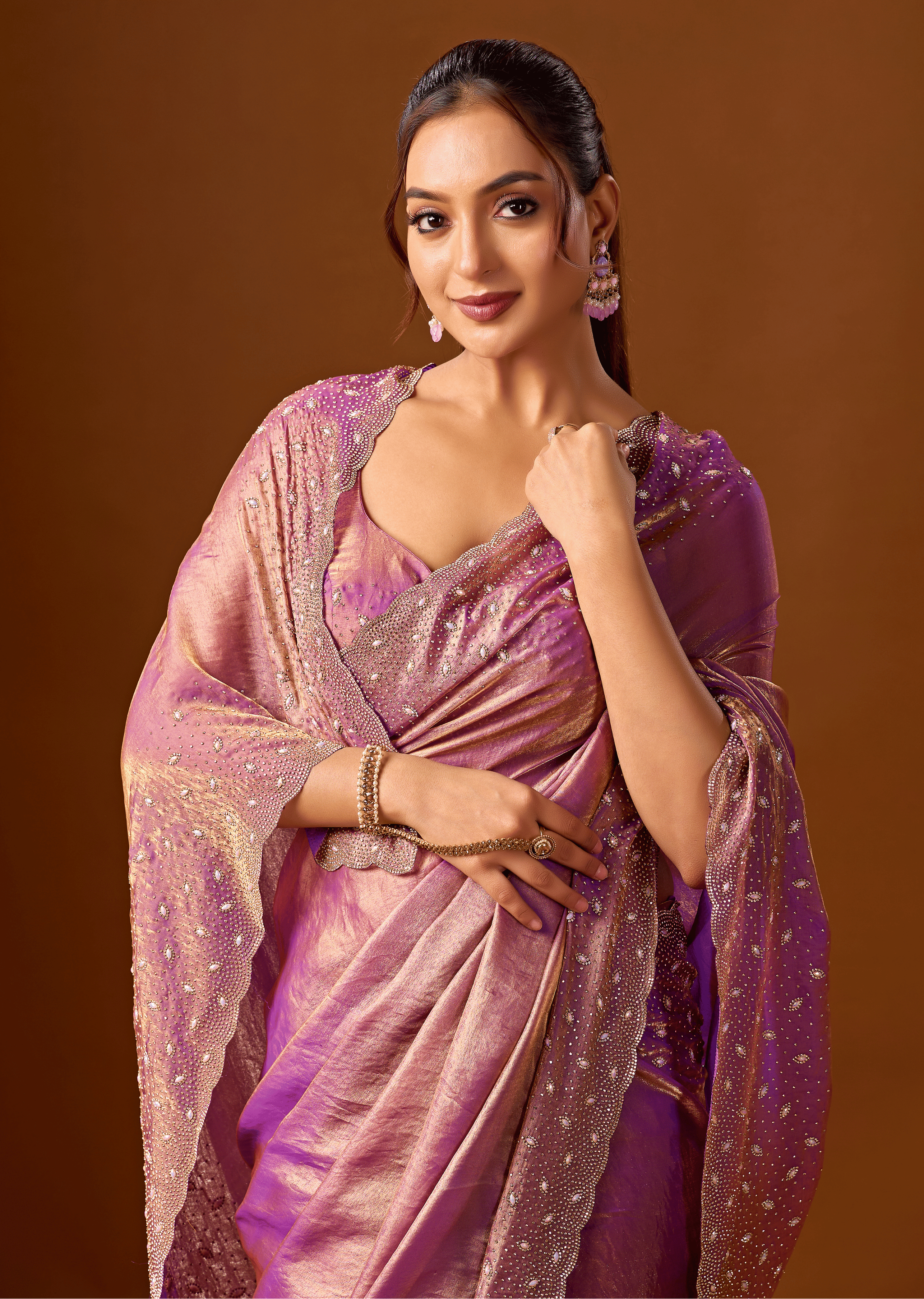 Purple Tissue Silk Saree With Stone Work