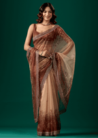 Coffee Brown Organza Saree With Floral Print