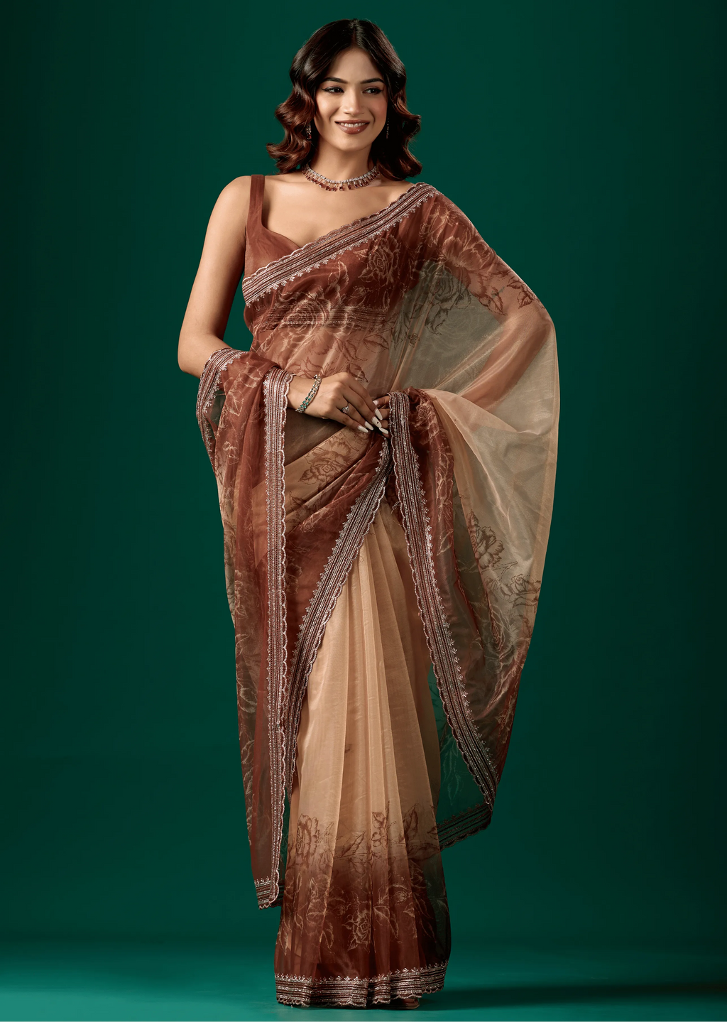 Coffee Brown Organza Saree Standing Look - Party Wear Saree