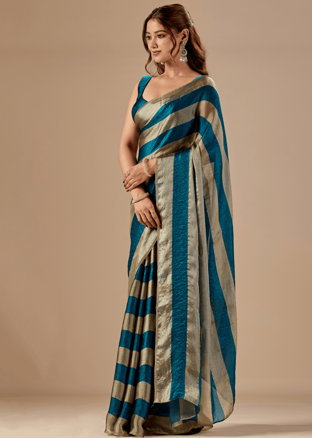 Royal Teal Tissue Silk Saree With Solid Finish