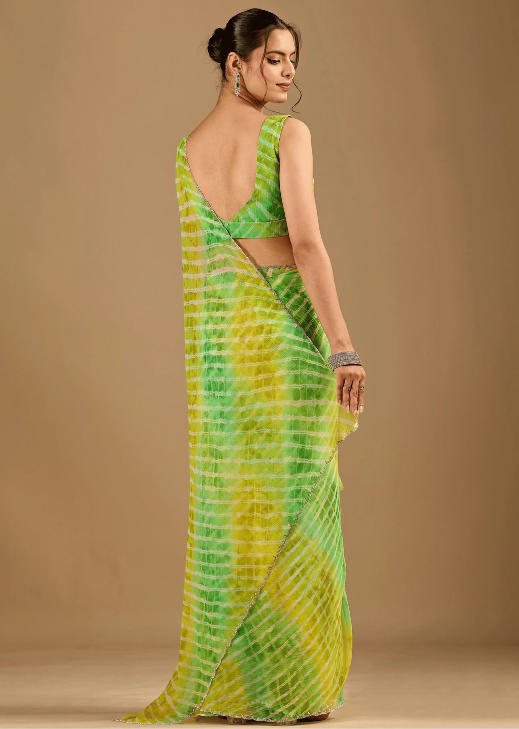 Citrus Green Chiffon Saree With Shibori Tie Dye