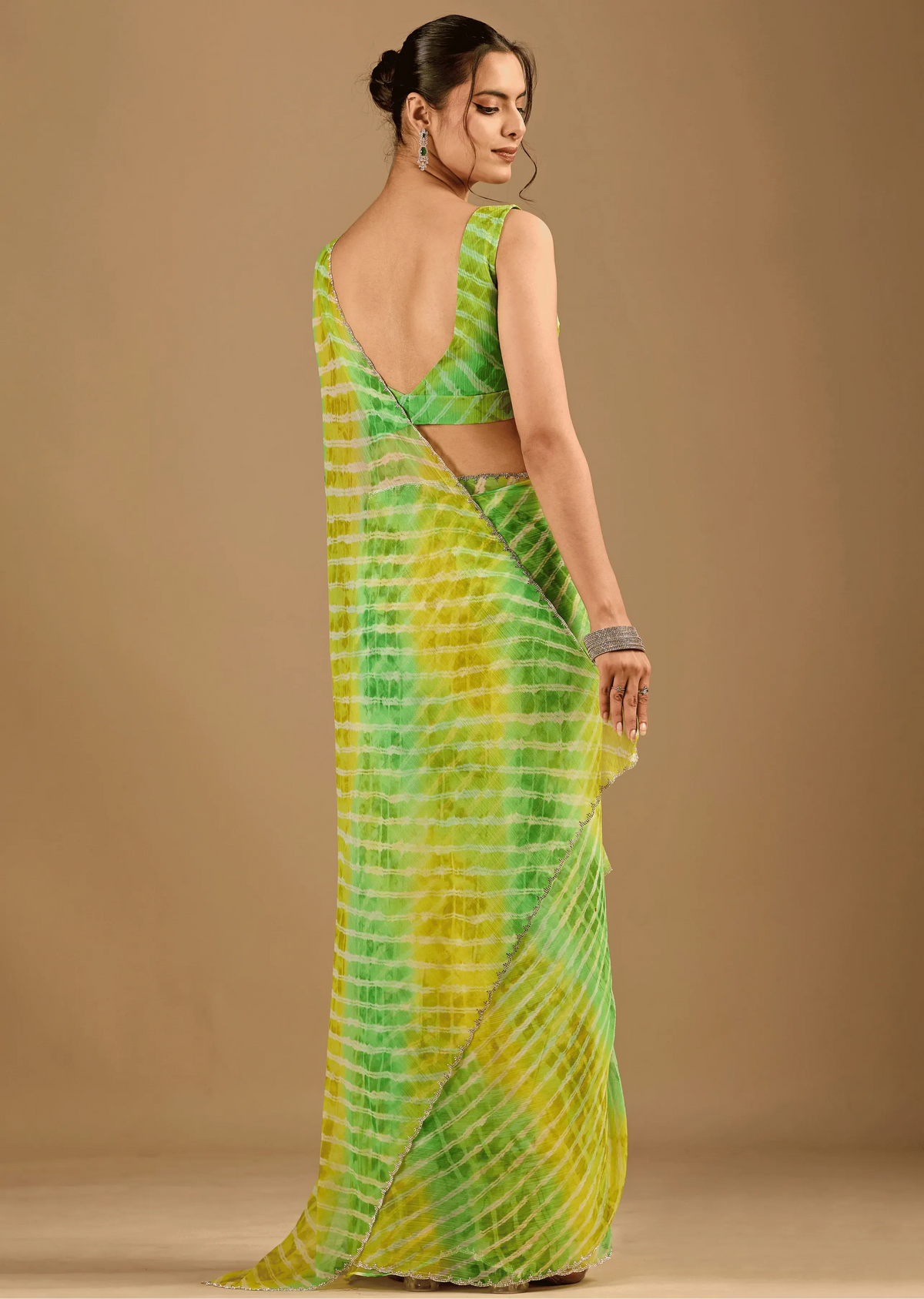Citrus Green Chiffon Saree With Shibori Tie Dye