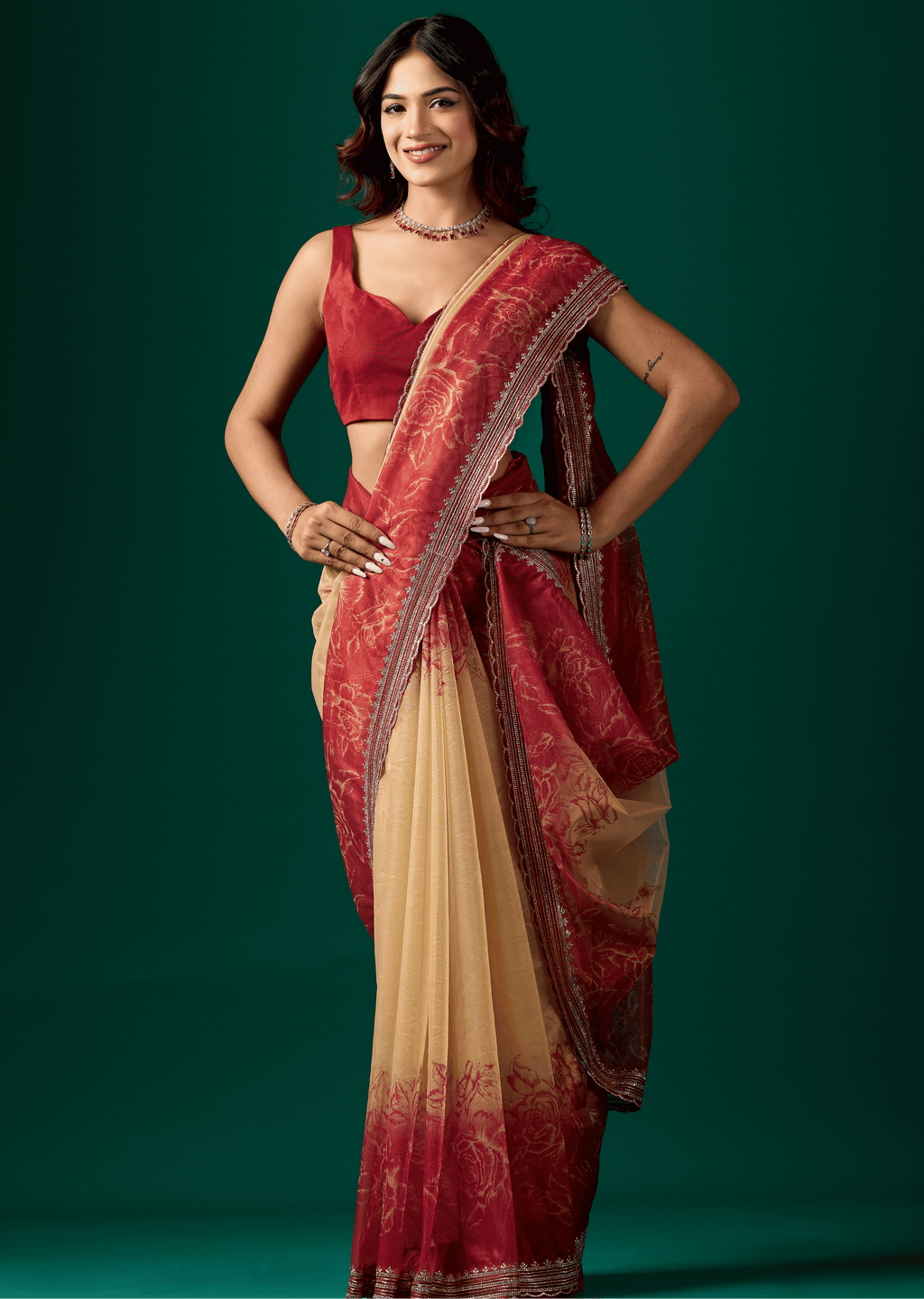 Ruby Red Organza Saree With Floral Print