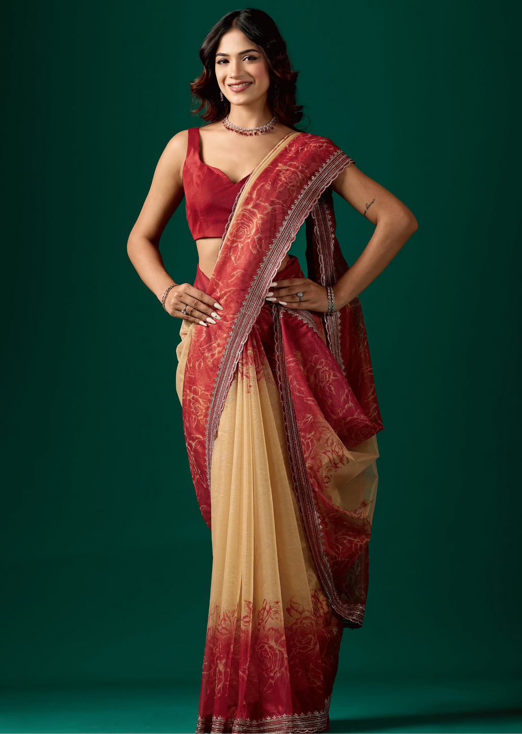 Ruby Red Organza Saree Draped Look - Floral Print Design
