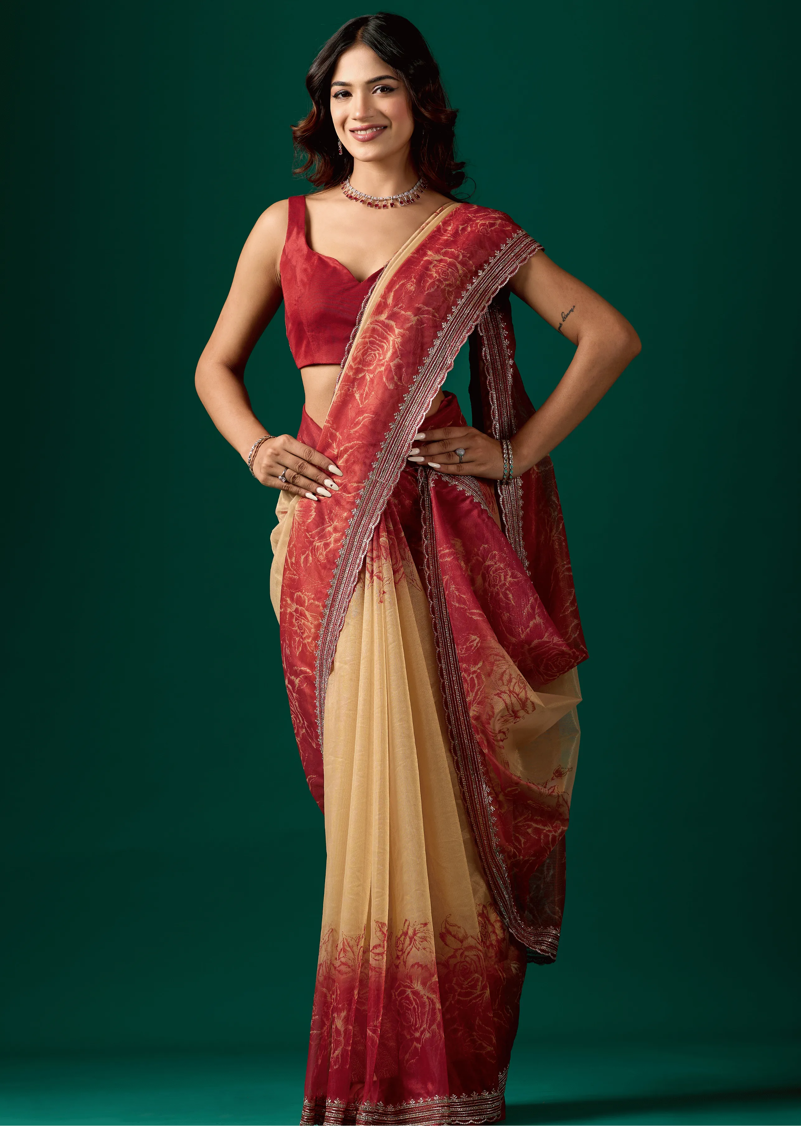 Ruby Red Organza Saree Draped Look - Floral Print Design