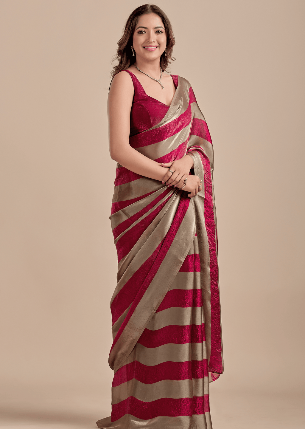 Berry Wine Tissue Silk Saree With Metallic Stripe Weave