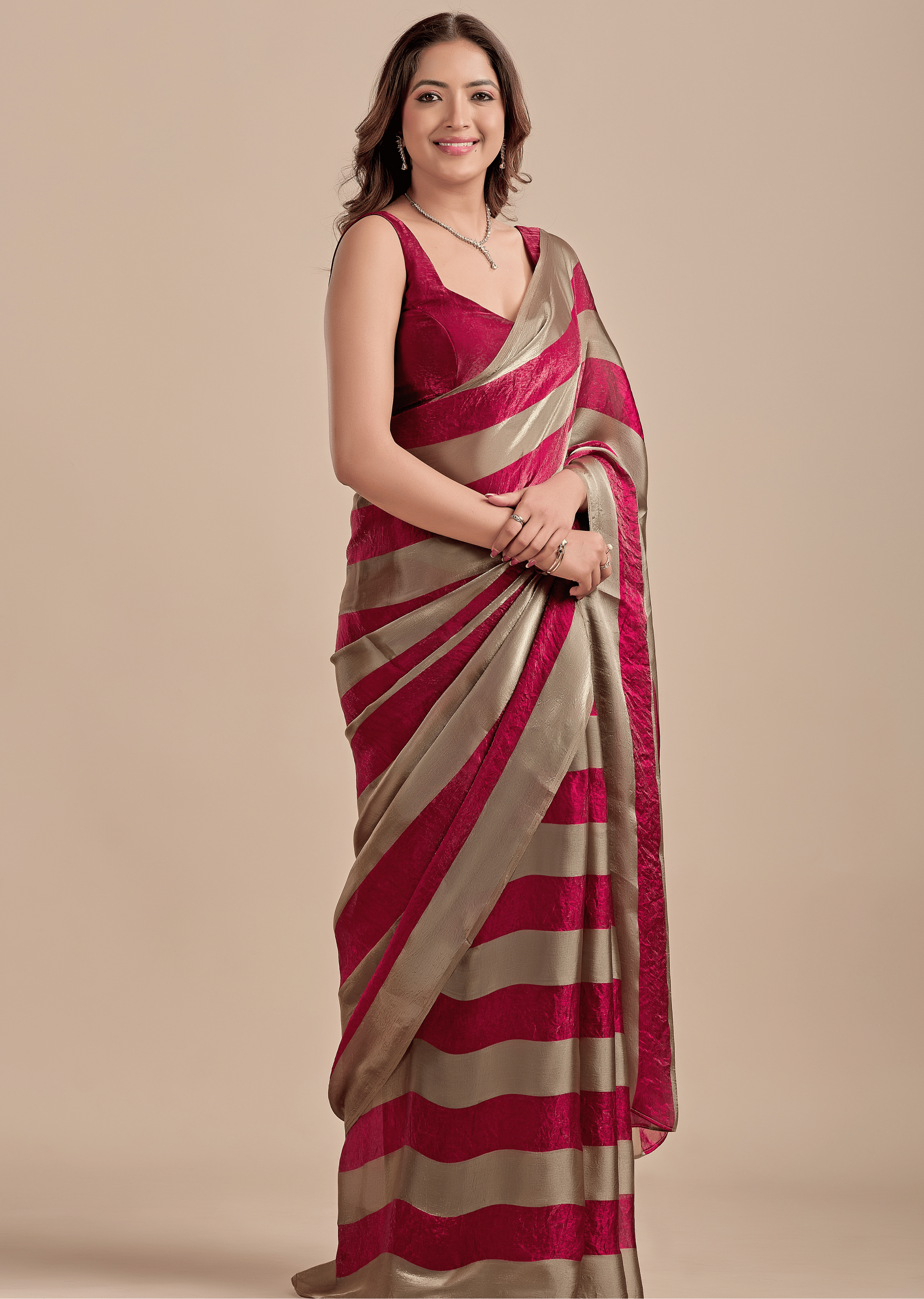 Berry Wine Tissue Silk Saree With Metallic Stripe Weave