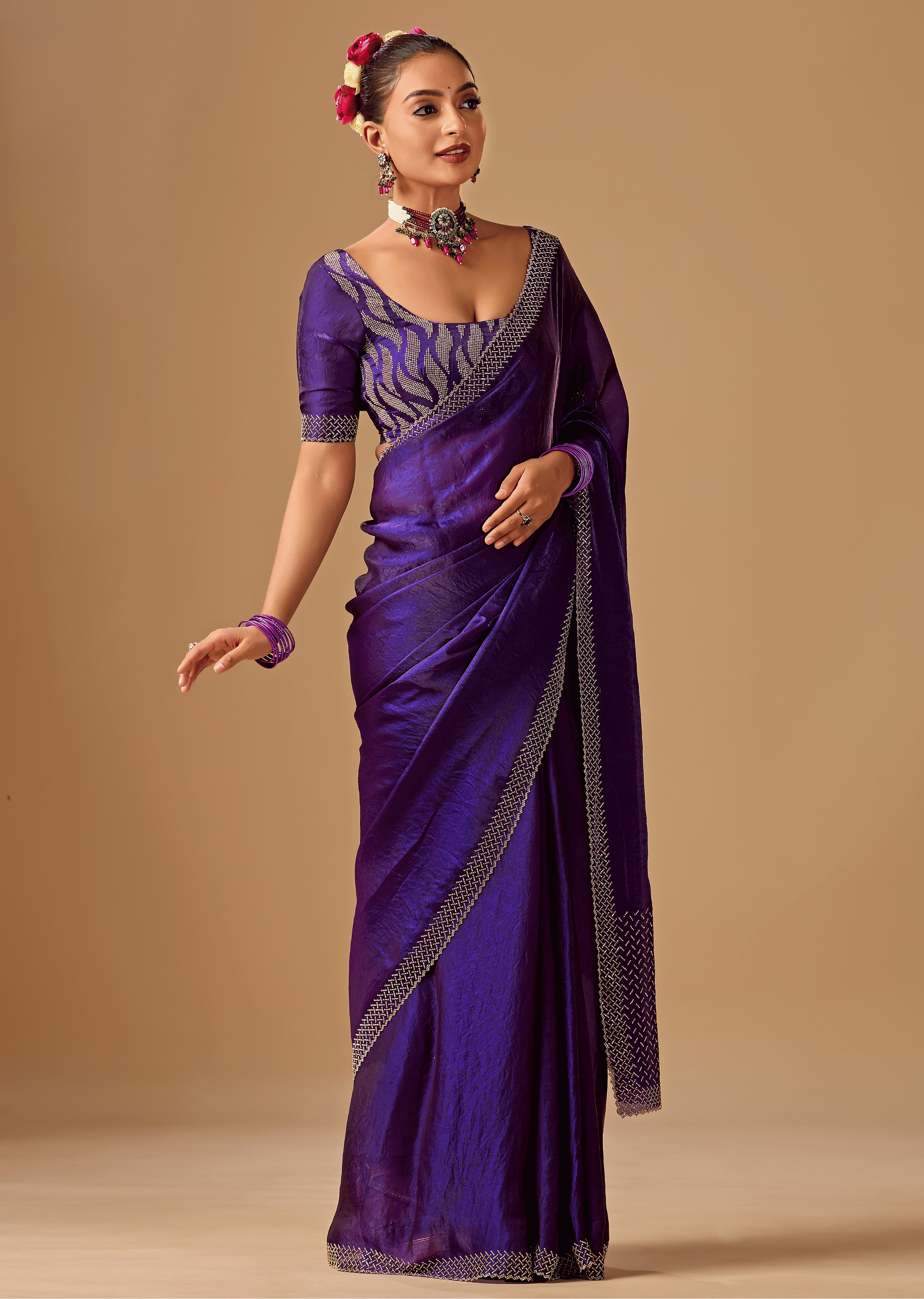 Royal Wine Tissue Silk Saree With Crystal Stone Border