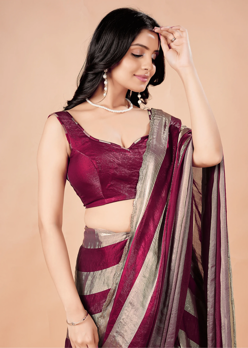 Wine Tissue Silk Saree With Metallic Stripe Work
