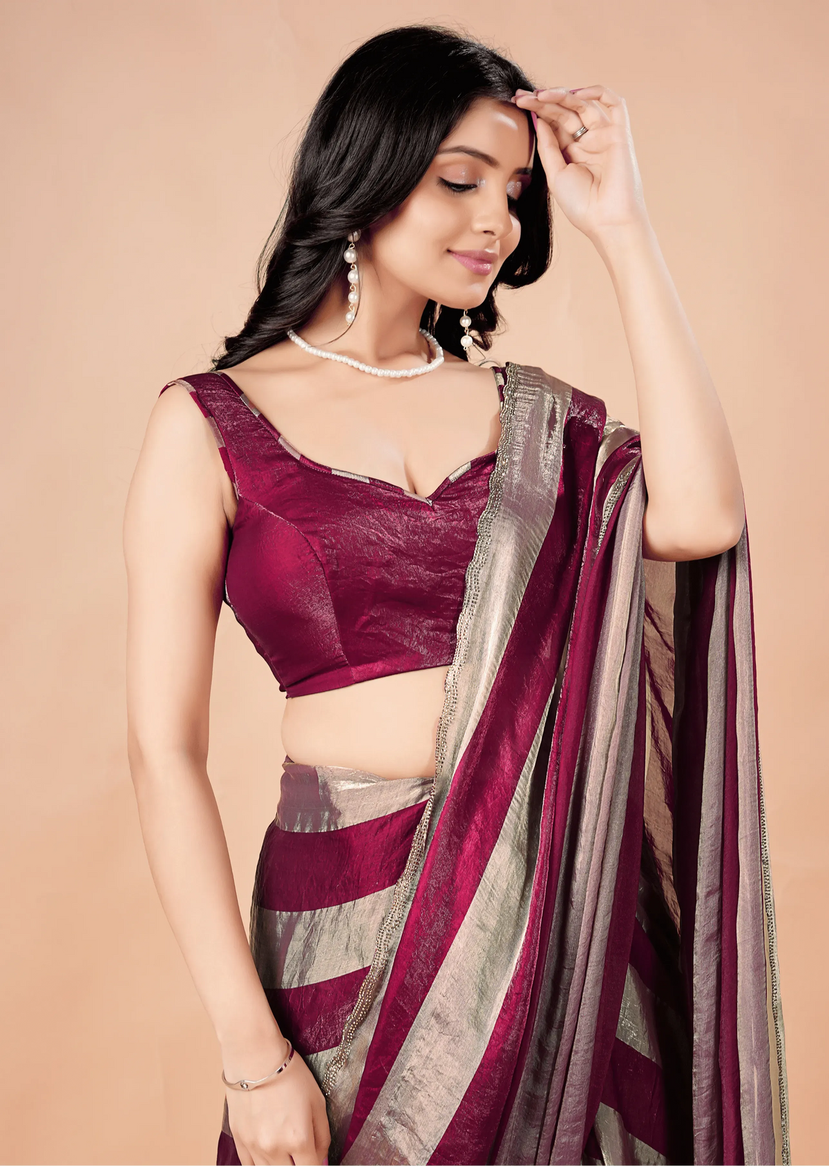Wine Tissue Silk Saree With Metallic Stripe Work