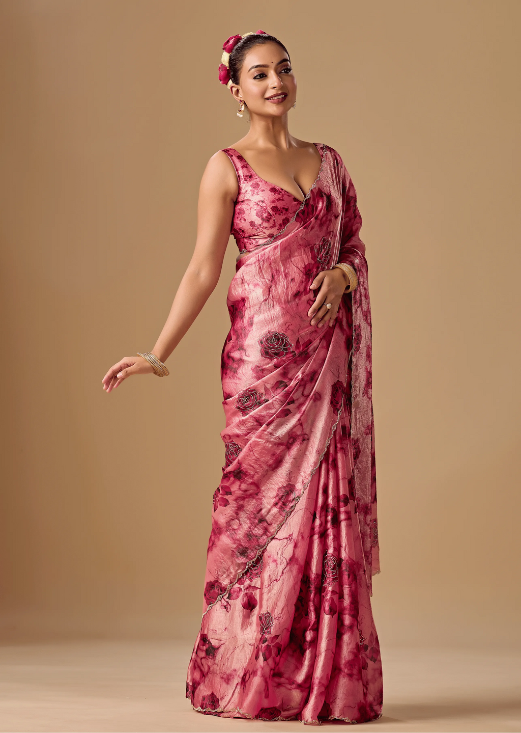 Rose Red Organza Silk Saree Side Pose - Floral Print Design
