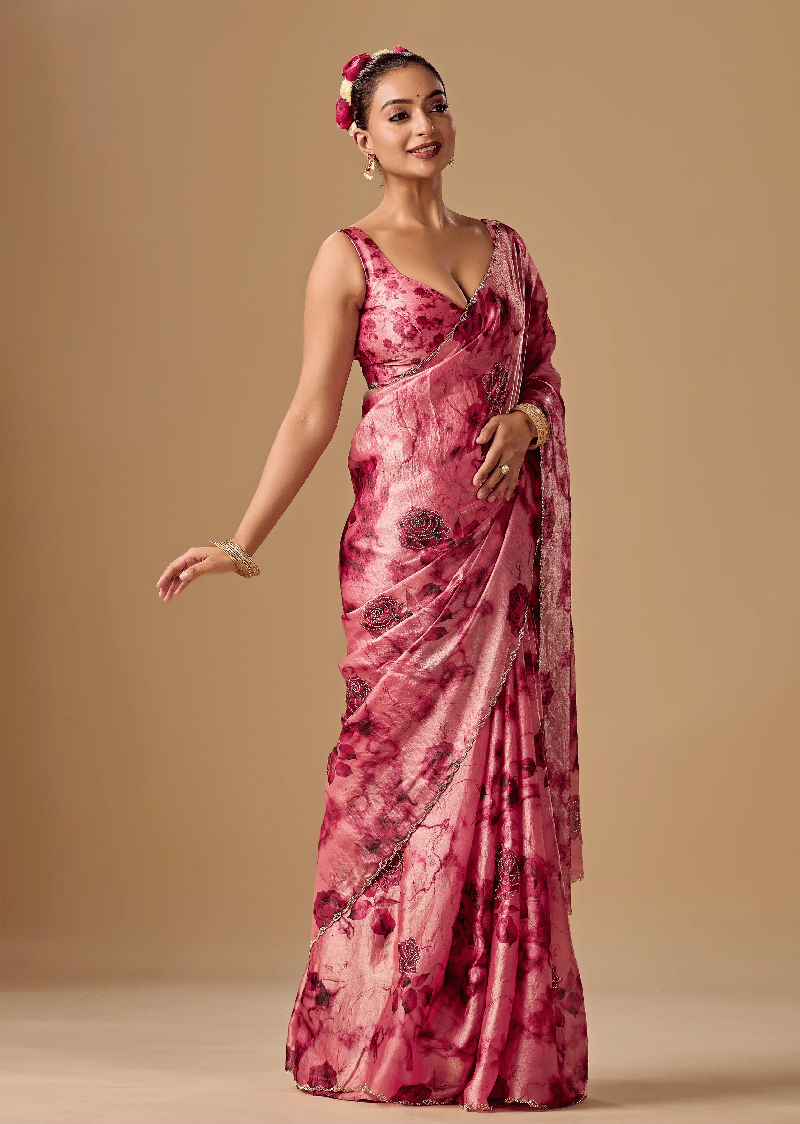 Rose Red Organza Silk Saree Side Pose - Floral Print Design