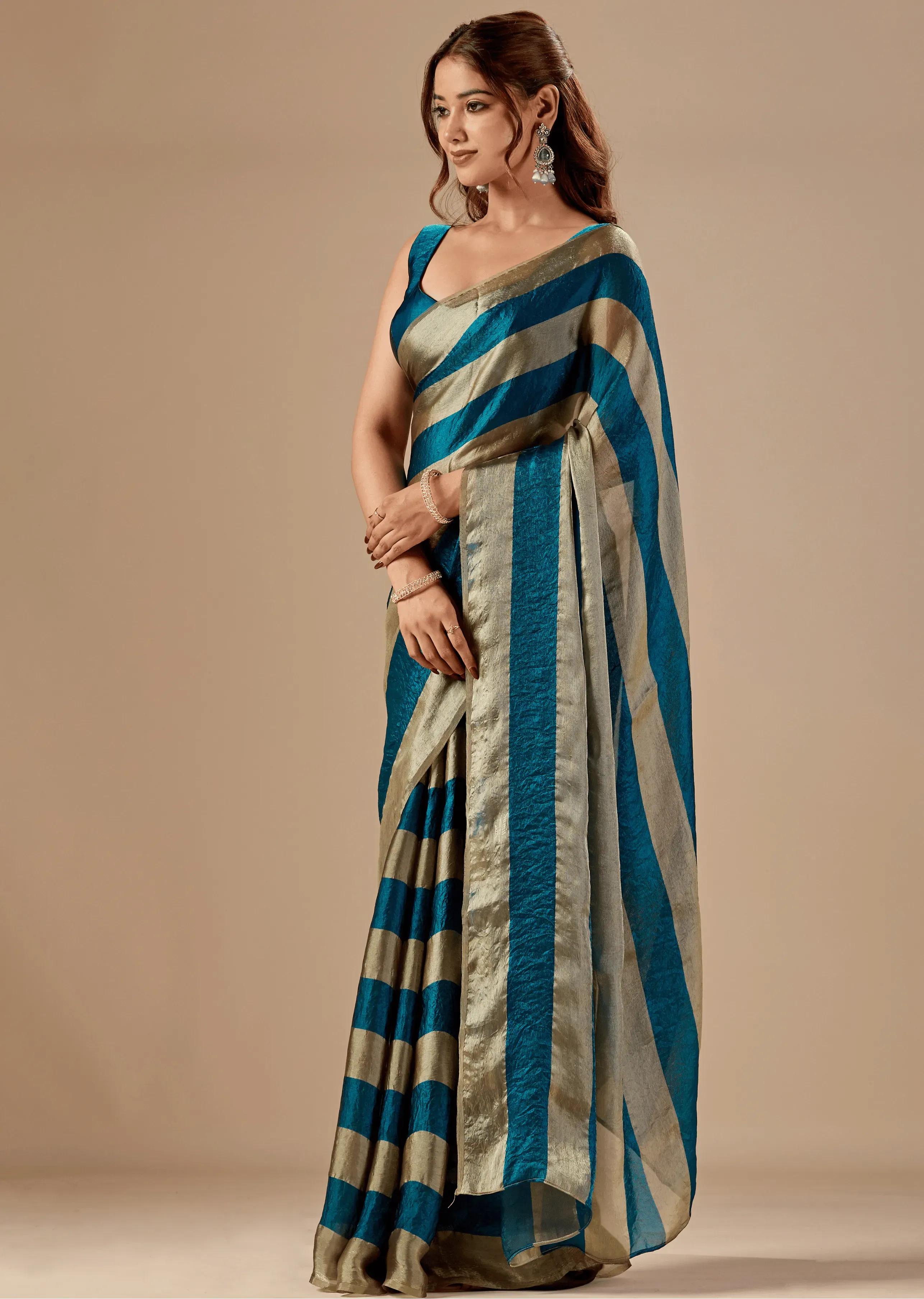 Royal Teal Tissue Silk Saree With Solid Finish