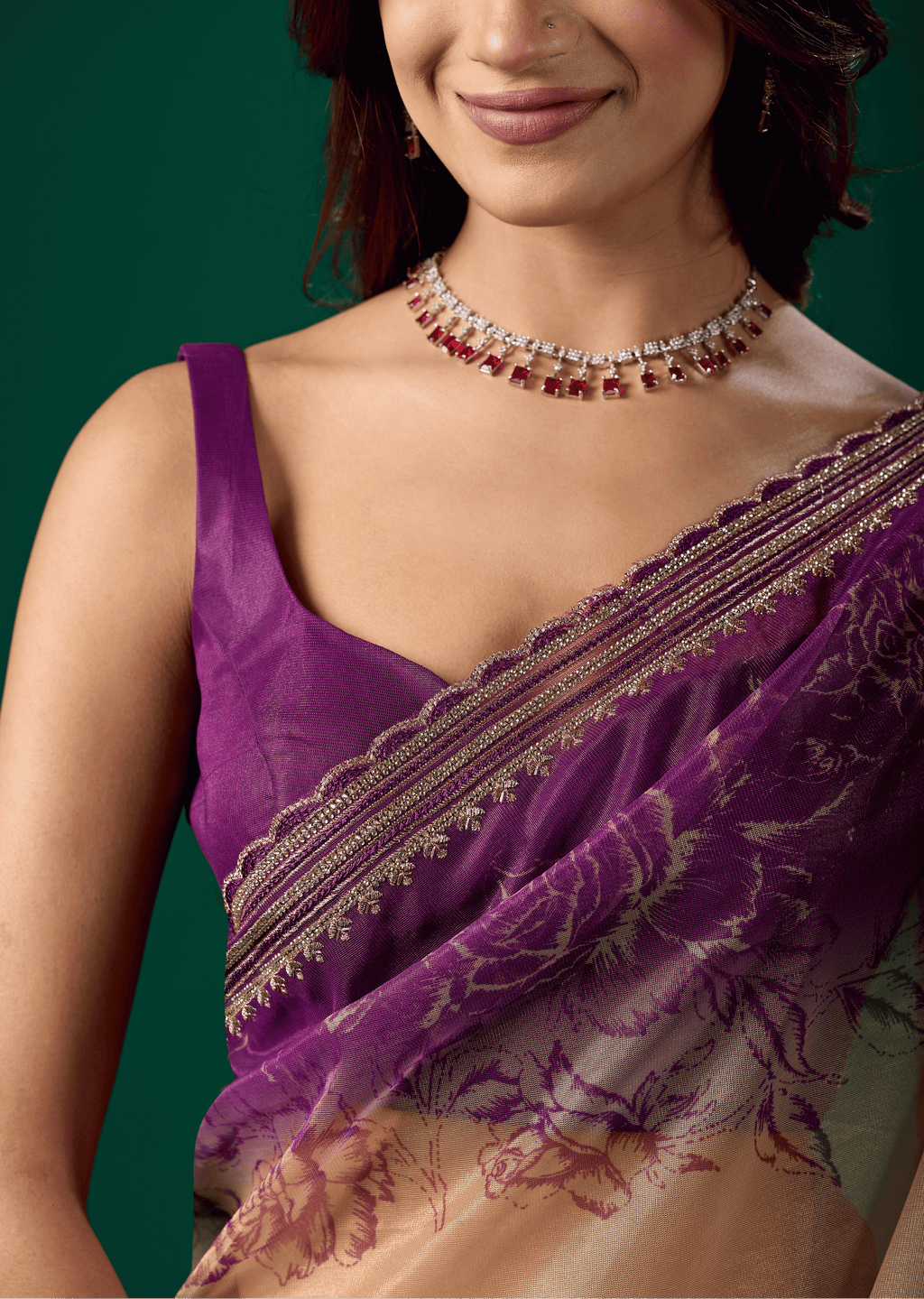 Royal Purple Organza Saree With Floral Print