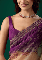 Royal Purple Organza Saree With Floral Print