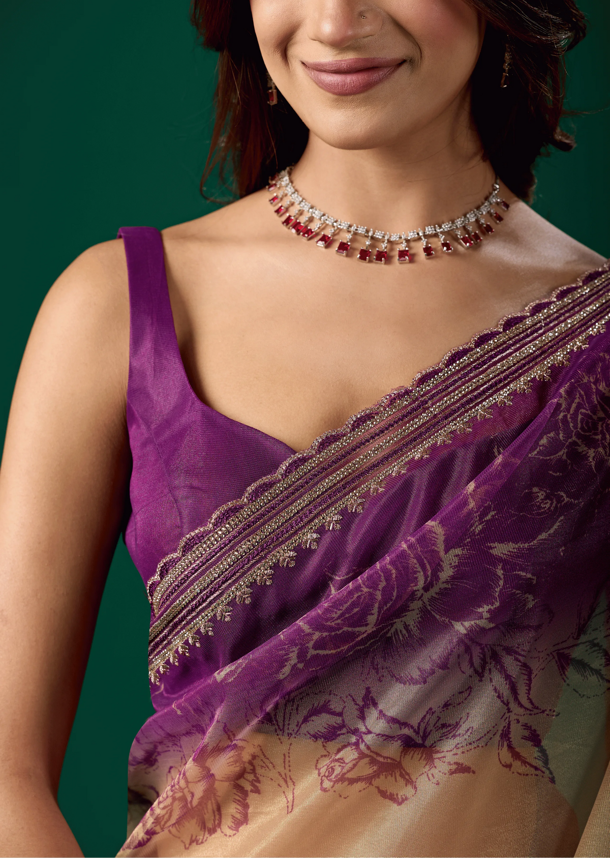 Royal Purple Organza Saree Blouse Close Up - Embellished Border Detail