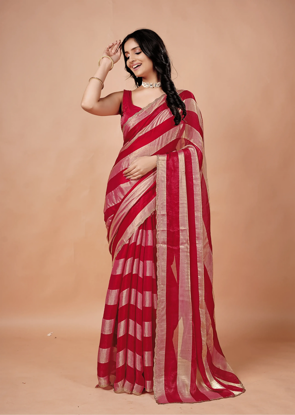 Rani Pink Tissue Silk Saree With Metallic Stripe Work