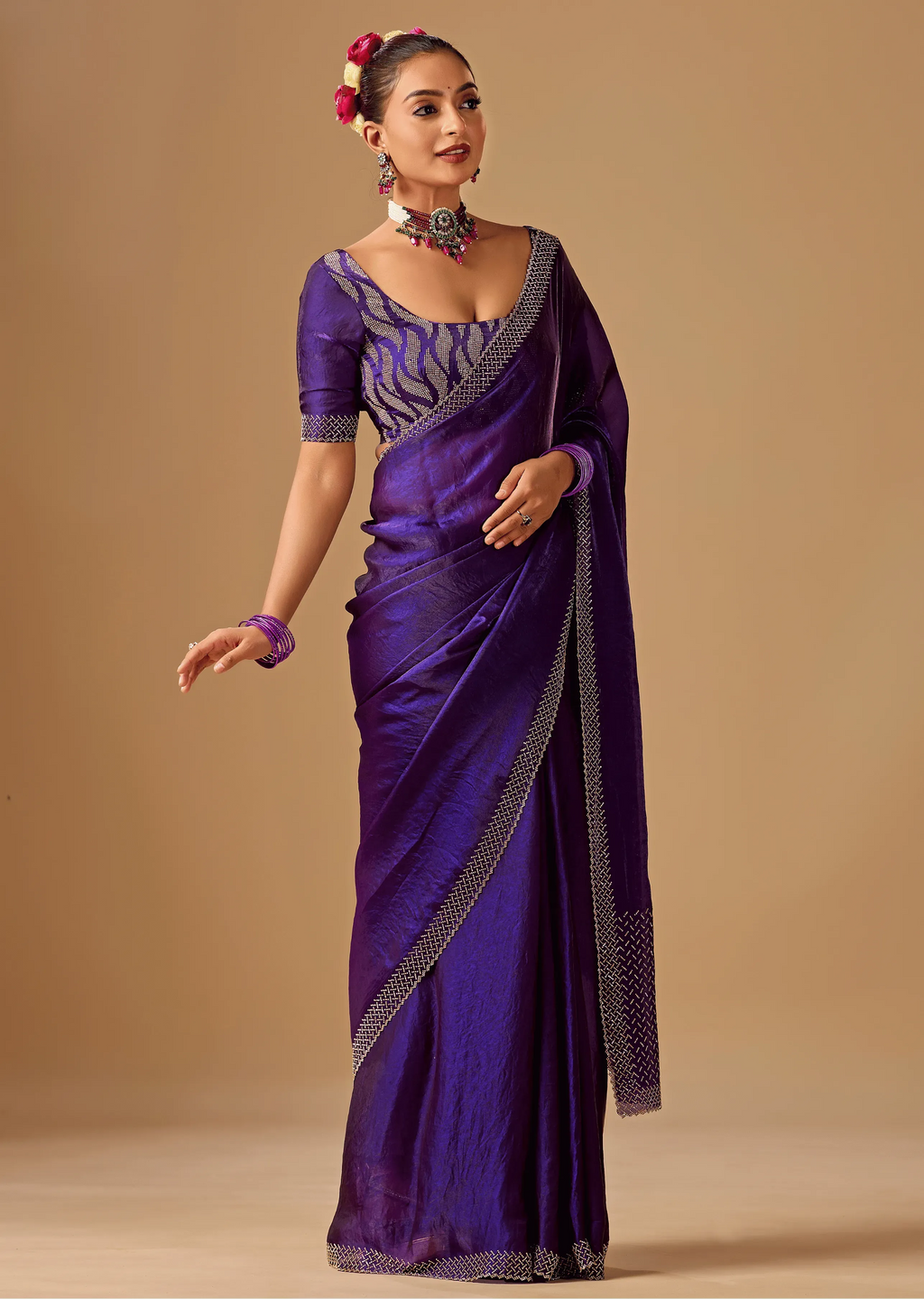 Royal Wine Tissue Silk Saree With Crystal Stone Border