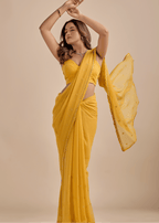 Mustard Yellow Chiffon Saree With Floral Embroidery
