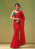 Red Tissue Silk Saree With Foil Butti Print - Front Look | Buy Online Ethnic9