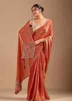 Peach Orange Organza Saree with Stone Work Border & Metallic Sheen
