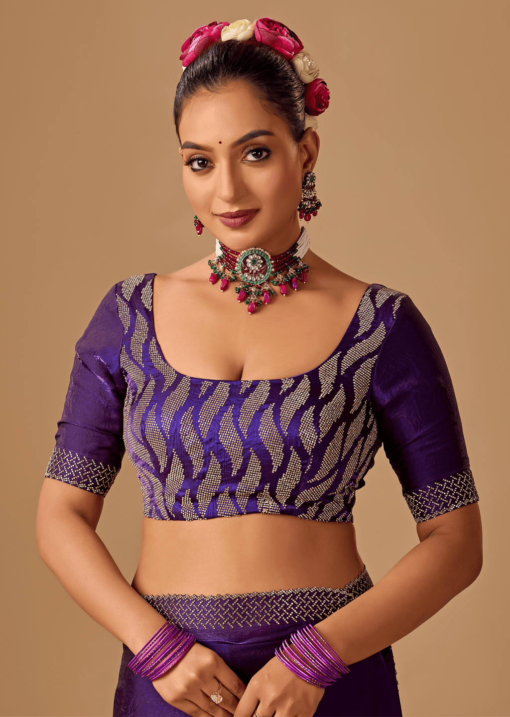Royal Wine Tissue Silk Saree With Crystal Stone Border