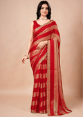 Crimson Red Tissue Silk Saree With Metallic Stripe Work