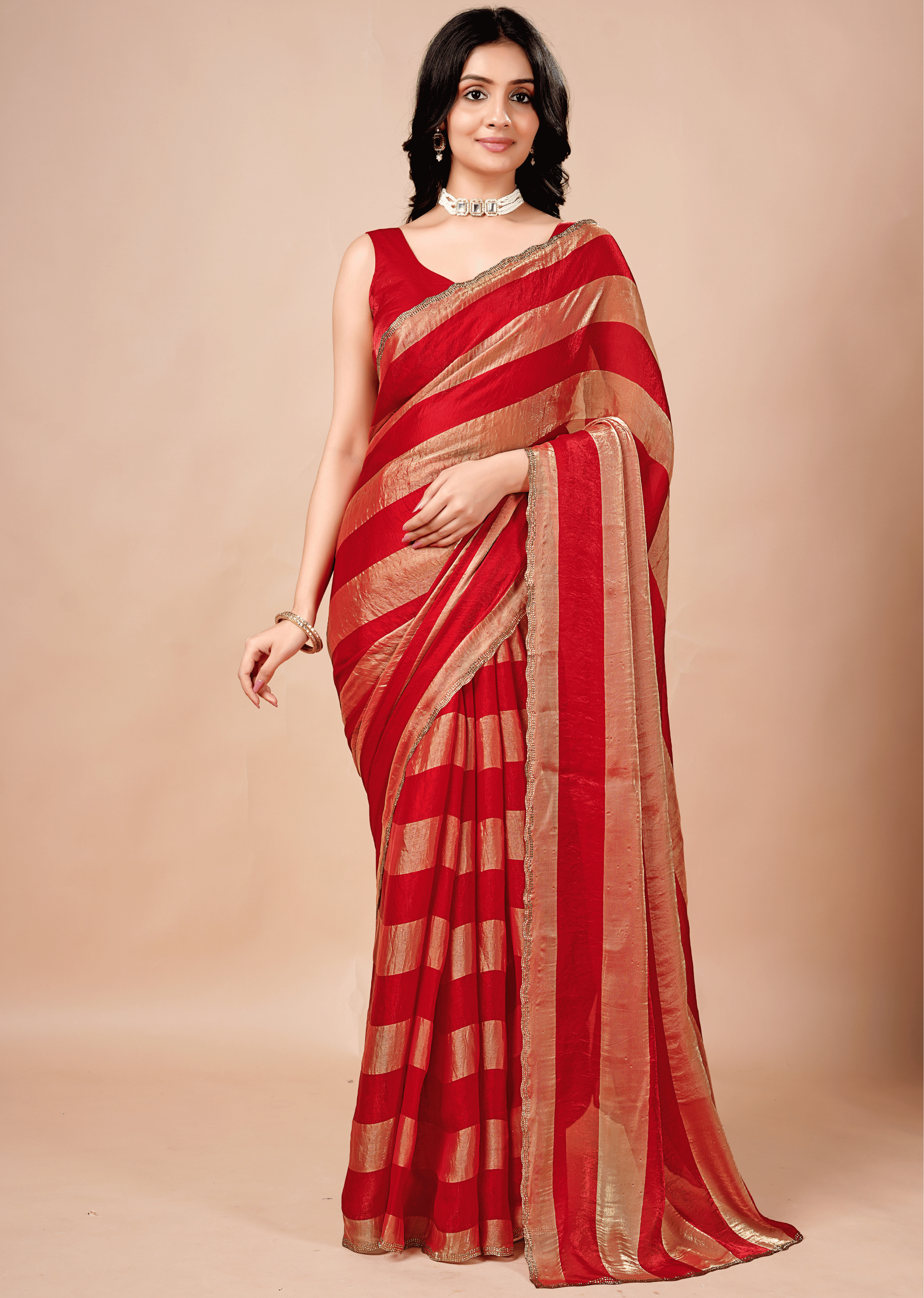 Crimson Red Tissue Silk Saree With Metallic Stripe Work
