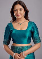 Peacock Teal Tissue Silk Saree With Crystal Spiral Work