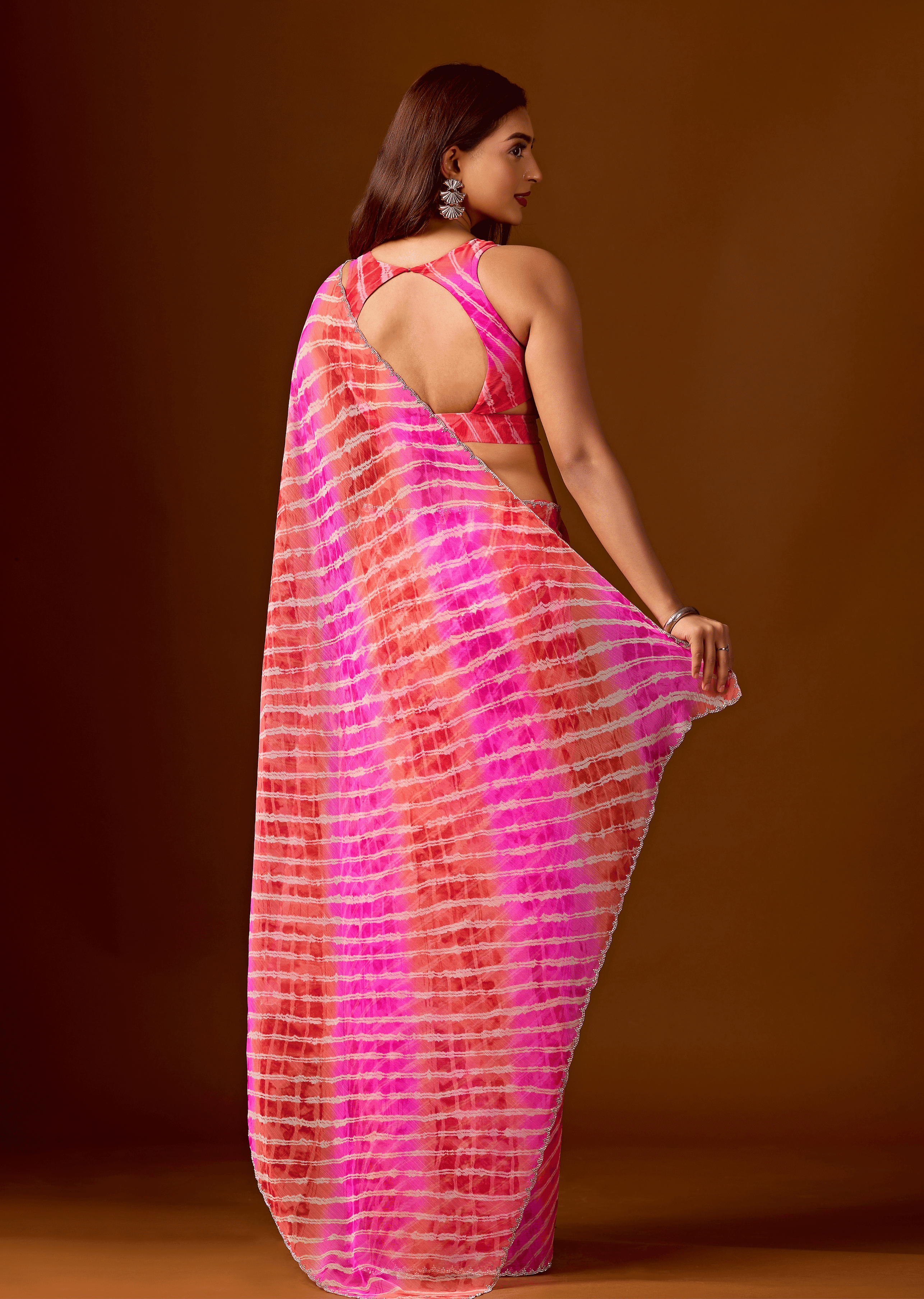Flamingo Pink Chiffon Saree With Shibori Print