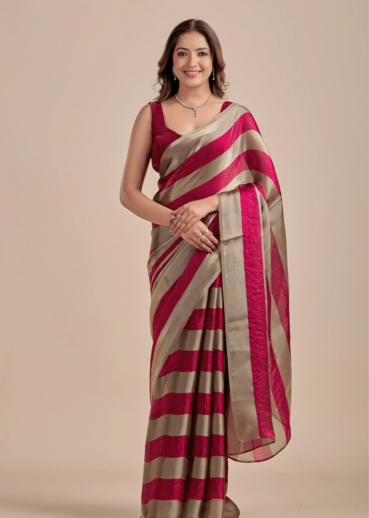 Berry Wine Tissue Silk Saree With Metallic Stripe Weave