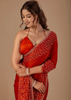 Burnt Orange Tissue Silk Saree Close Up Pose - Festive Wear Saree