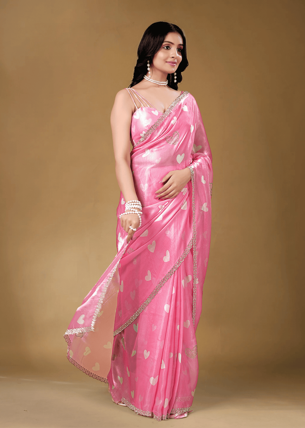Candy Pink Organza Silk Saree With Heart Print