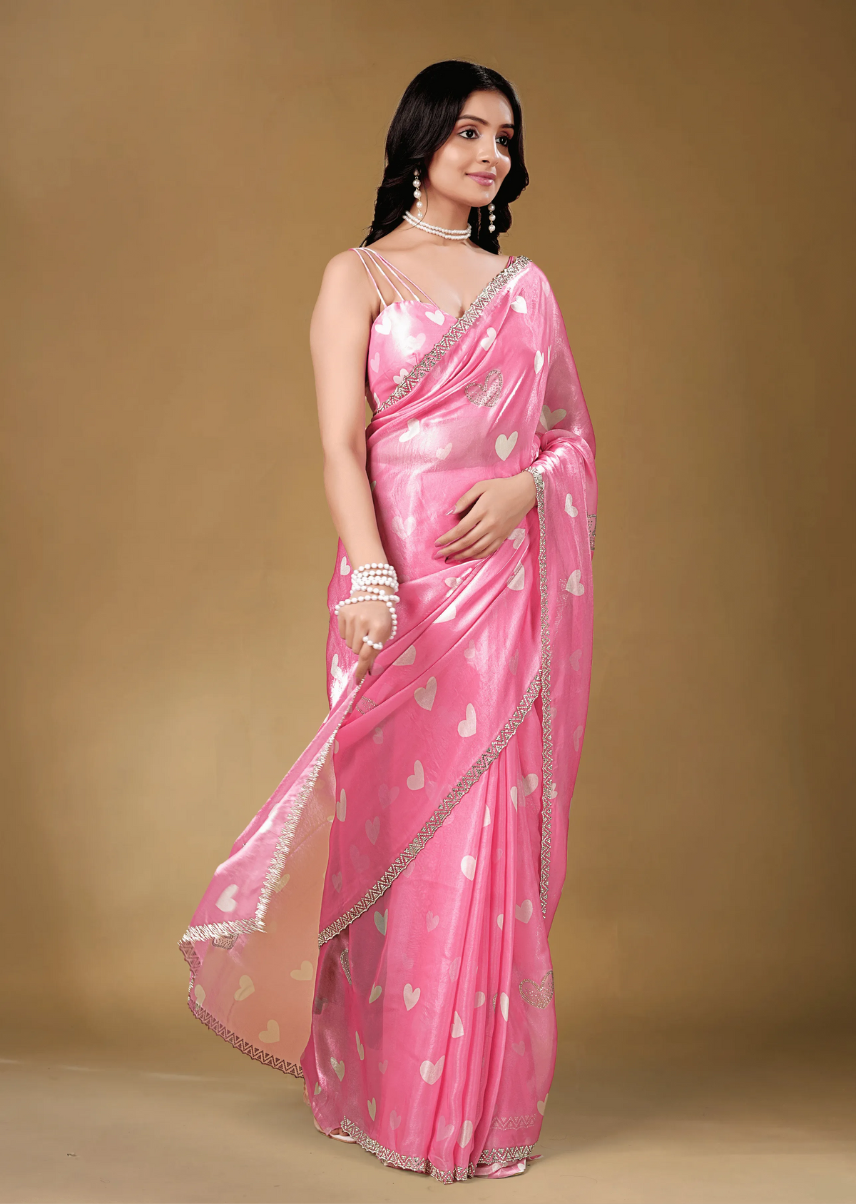 Candy Pink Organza Silk Saree Pallu Detail - Stone Border Detail