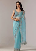  Sky Blue Tissue Saree With Stone Embroidery - Front Look | Buy On Ethnic9