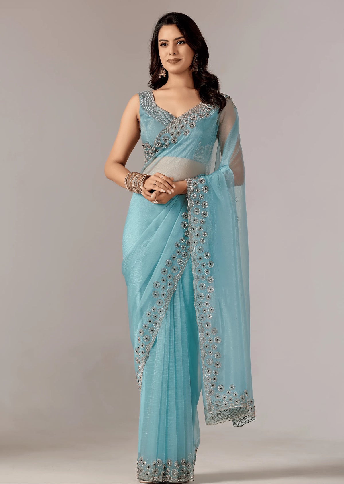 Sky Blue Tissue Saree With Stone Embroidery - Front Look | Buy On Ethnic9