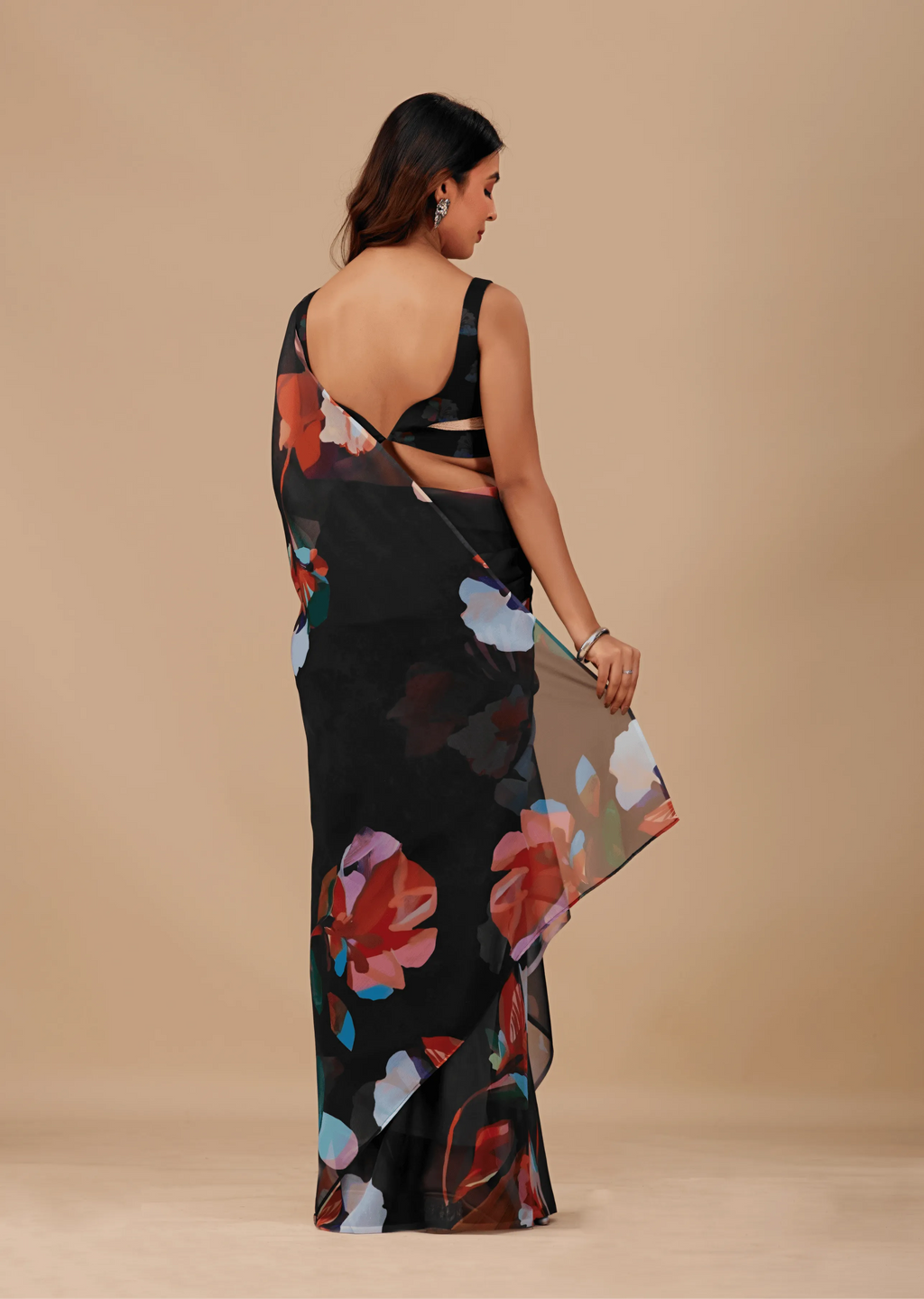 Black Soft Organza Saree Back Pose - Floral Print Detail