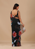 Black Soft Organza Saree Back Pose - Floral Print Detail