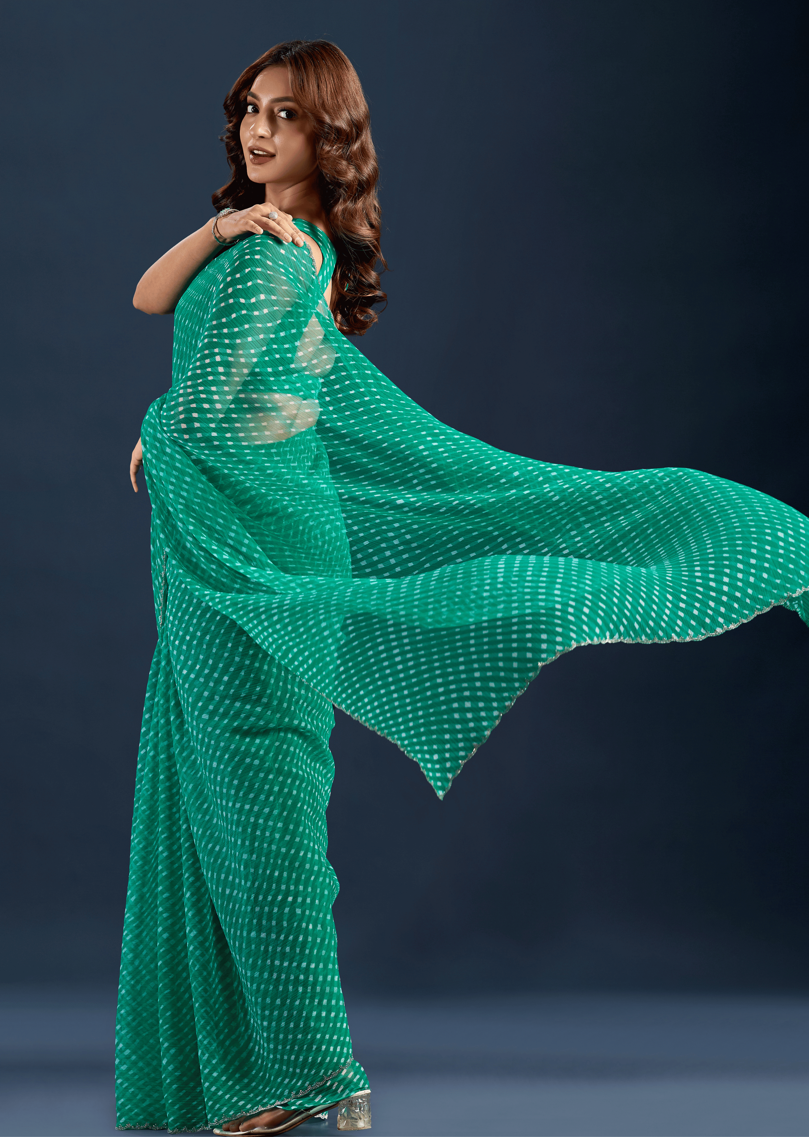 Teal Green Chiffon Saree With Leheriya Print