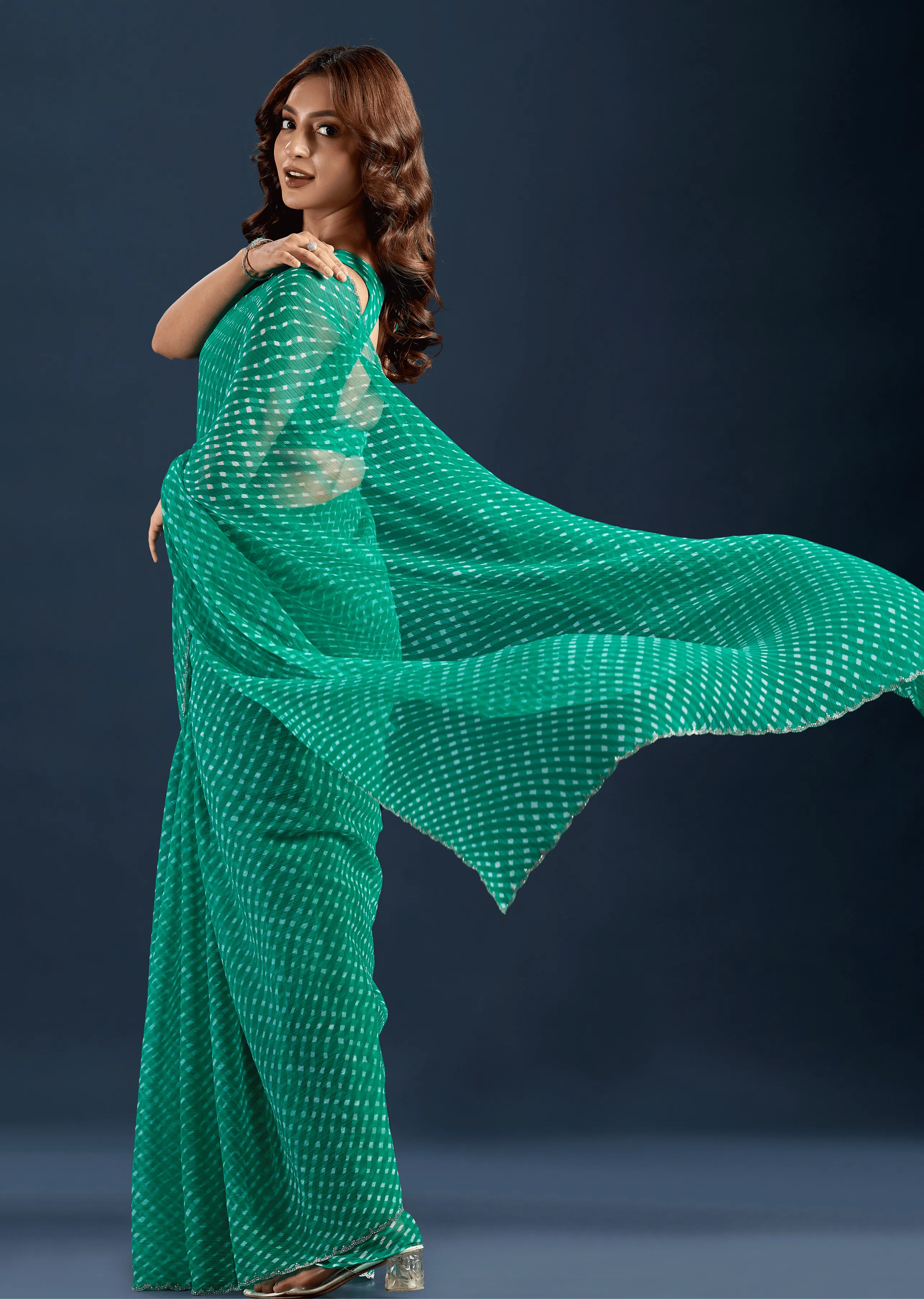 Teal Green Chiffon Saree Close Up Pose - Traditional Wear Saree