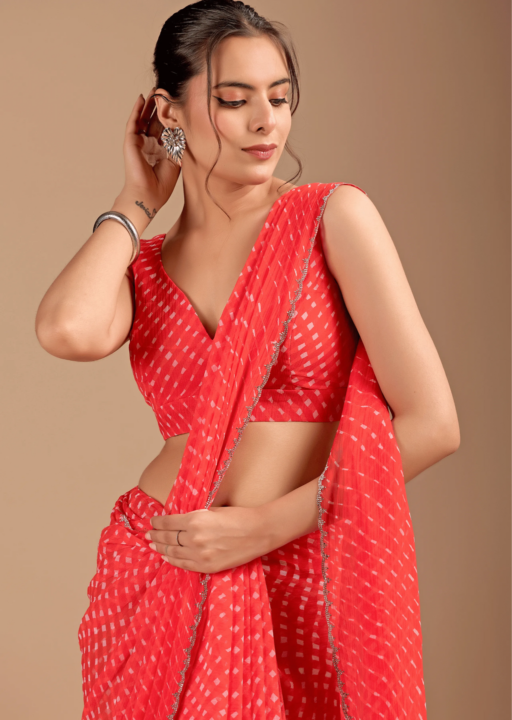 Coral Red Chiffon Saree Blouse Close Up - Leheriya Print Design