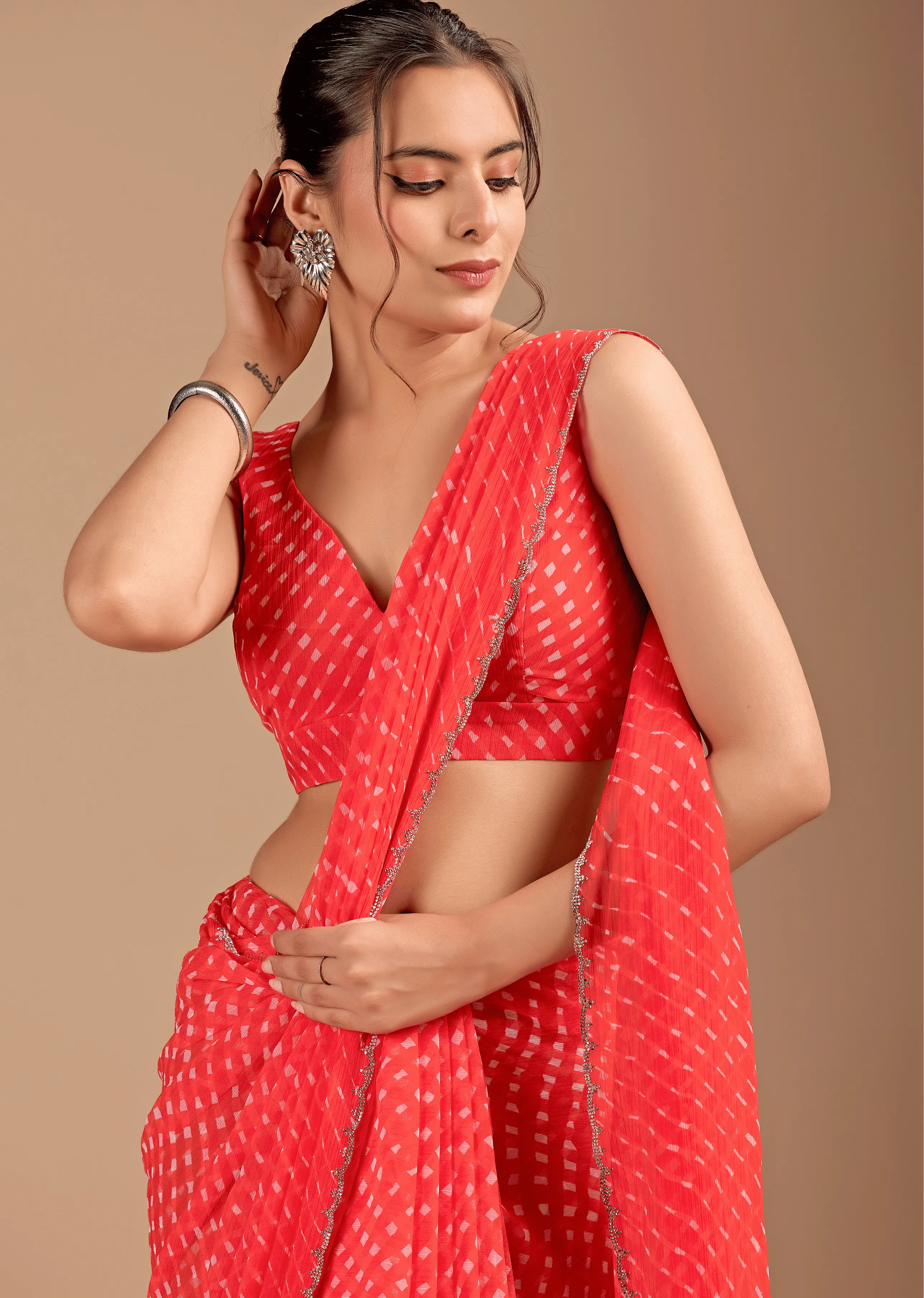 Coral Red Chiffon Saree Blouse Close Up - Leheriya Print Design