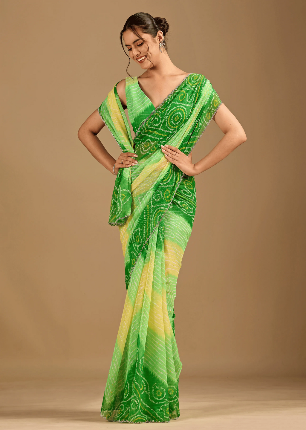 Parrot Green Chiffon Saree Side Pose - Bandhani Print Design