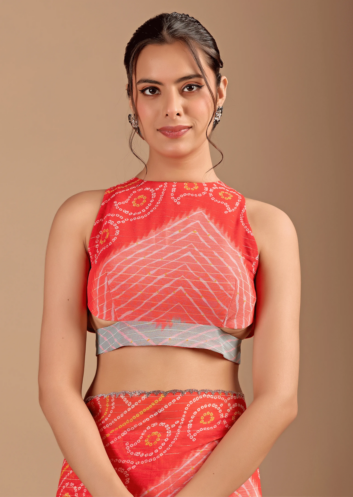 Orange Chiffon Saree Side Pose - Bandhani Print Design