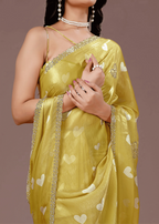 Mustard Yellow Organza Silk Saree Pallu Detail - Stone Border Detail