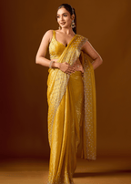 Mustard Yellow Tissue Silk Saree With Stone Work