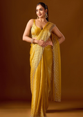  Mustard Yellow Tissue Silk Saree With Stone Work - Front Look | Buy On Ethnic9
