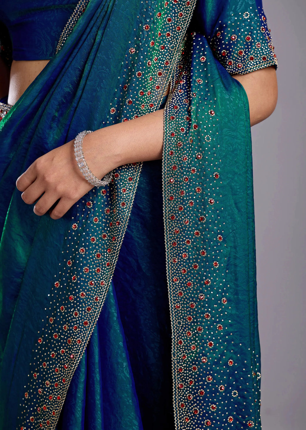 Green Tissue Silk Saree With Crystal Stone Work - Photo 7 | Buy Online Ethnic9