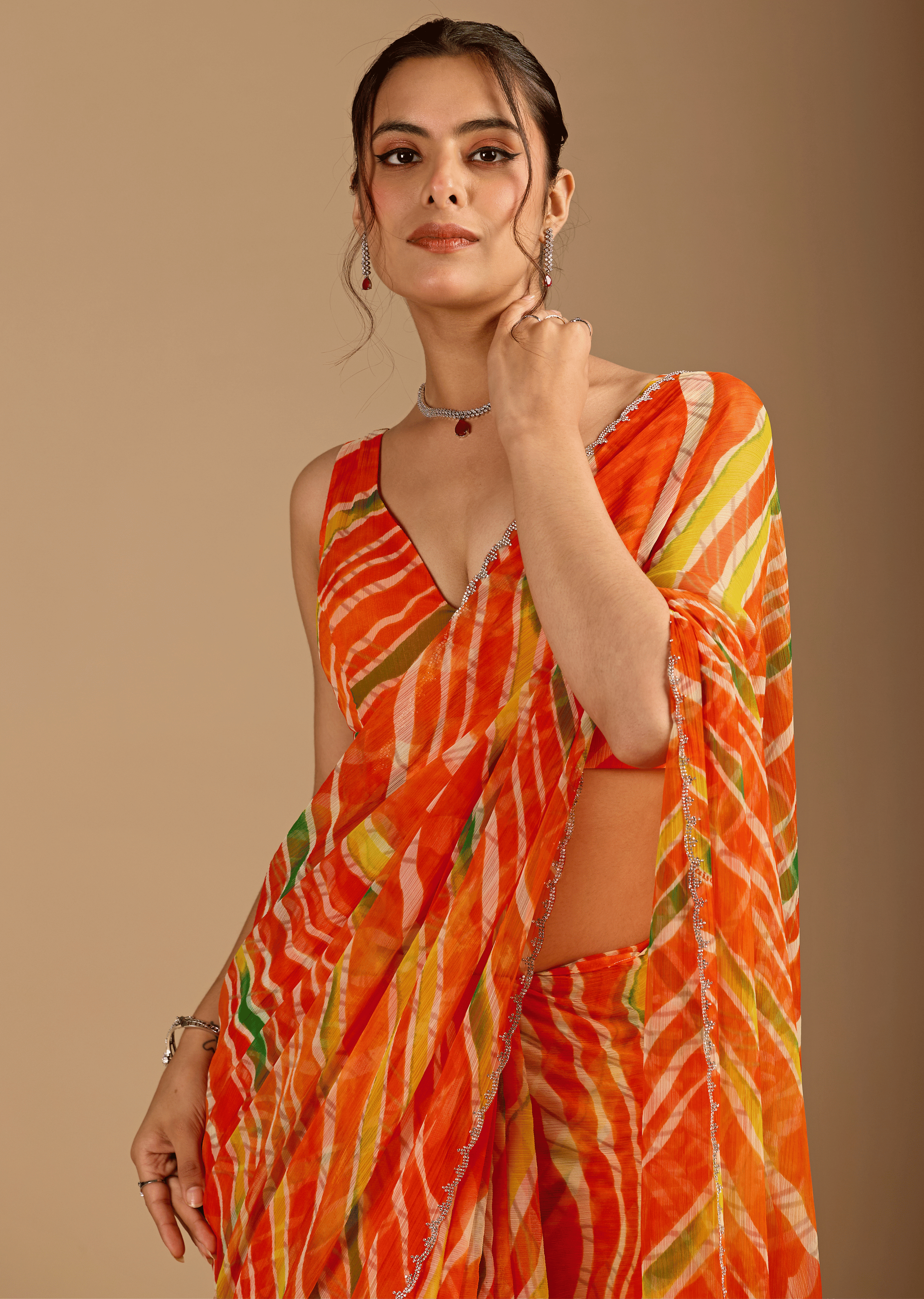 Orange Chiffon Saree With Stone Work