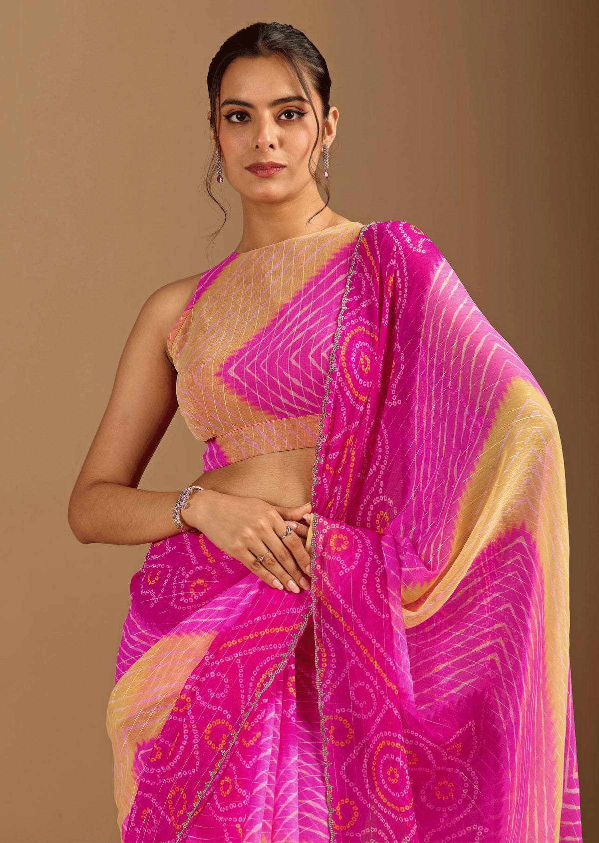 Rani Pink Chiffon Saree Side Pose - Bandhani Print Design